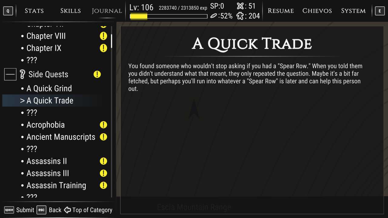 A screenshot of the Journal menu of OWGTOWG that is currently showing a list of locked and unlocked entries in the side quest category. The viewable entry titles are: A Quick Grind, A Quick Trade, Acrophobia, Ancient Manuscripts, Assassins I, Assassins II, Assassins III, and Assassin Training.  The entry A Quick Trade currently open is a pun-y reference to original Pokemon games and reads: You found someone who wouldn't stop asking if you had a Spear Row. When you told them you didn't understand what you meant, they only repeated the question. Maybe it's a bit far fetched, but perhaps you'll run into whatever whatever a Spear Row is later and can help this person out.