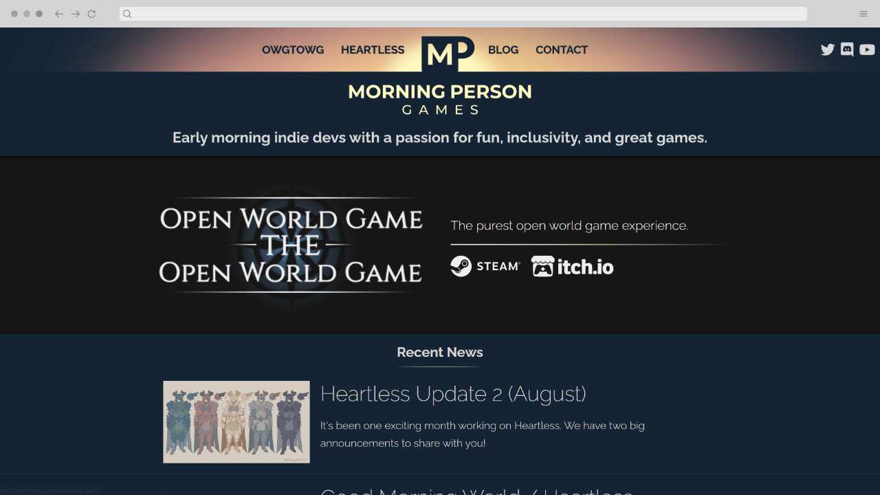 A screenshot of the morning person games website that features a coffee cup being lit up by a sunrise as a logo, a banner featuring Open World Game: the Open World Game, and a section for recent blog posts with a thumbnail of some heavy armor colored in different styles. The page has the headline: Early morning indie devs with a passion for fun, inclusivity, and great games.