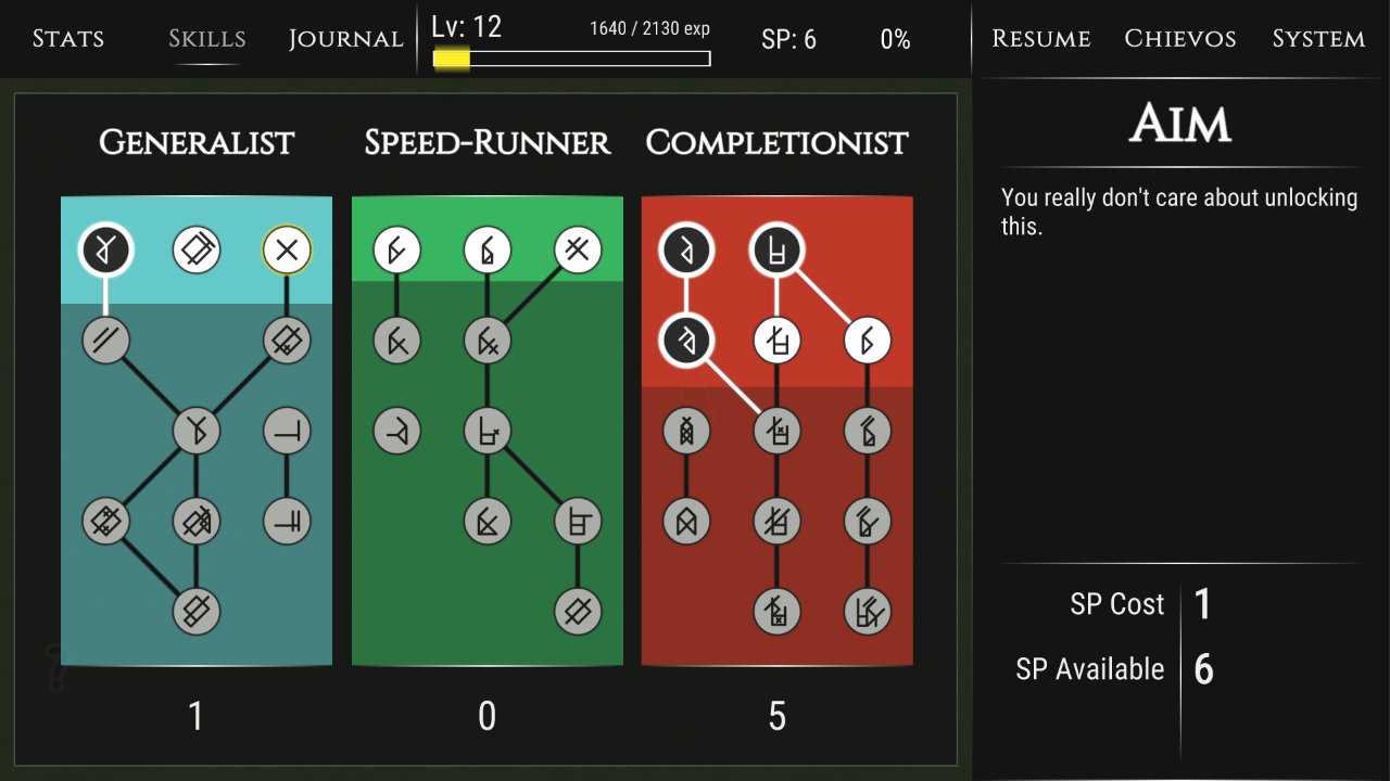 A screenshot of the three skill trees of OWGTOWG: Generalist, Speed-Runner, and Completionist, each full of indistinguishable and abstract symbols to represent the various skills. The currently selected skill is Aim with the description: you really don't care about unlocking this.