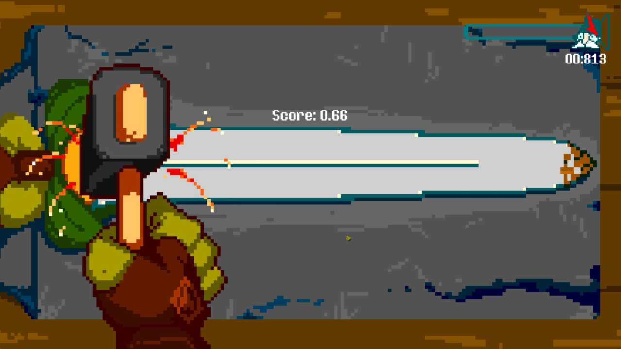 A pixel art screenshot of a green hand slamming a hammer into a sword to craft it.