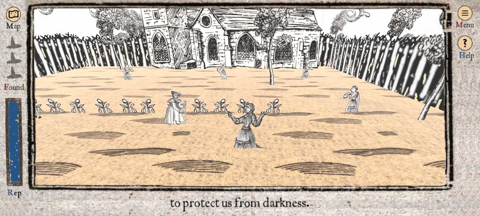 A screenshot from Which is Witch depicting the player and various villagers standing around a farm with a large church in the distance. All of this is displayed as if paper cutouts of were standing upright in 3-D space. The UI surrounds the gameplay and currently has the lyrics: to protect us from darkness.