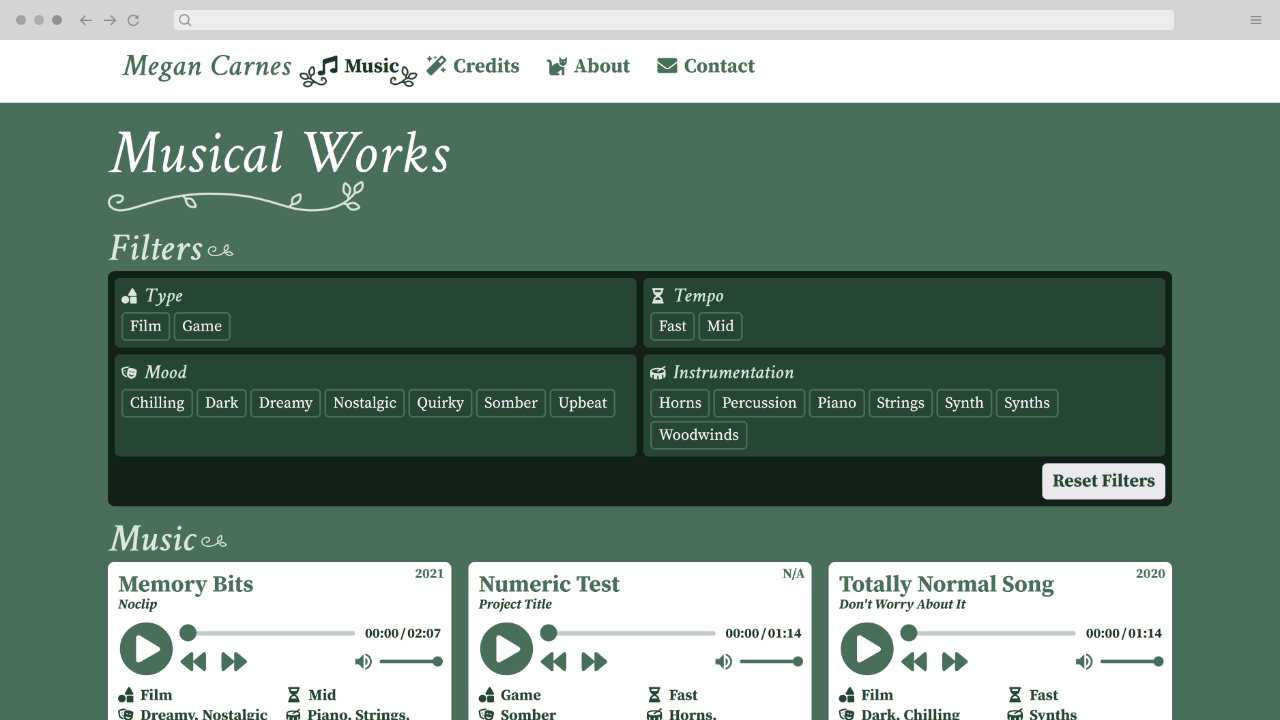 A screenshot of the musical works page of the Megan Carnes Music portfolio website in a simple green and white color palette. The page features a set of user-controlled filters like Tempo and Mood to find specific types of Megan's music more easily.
