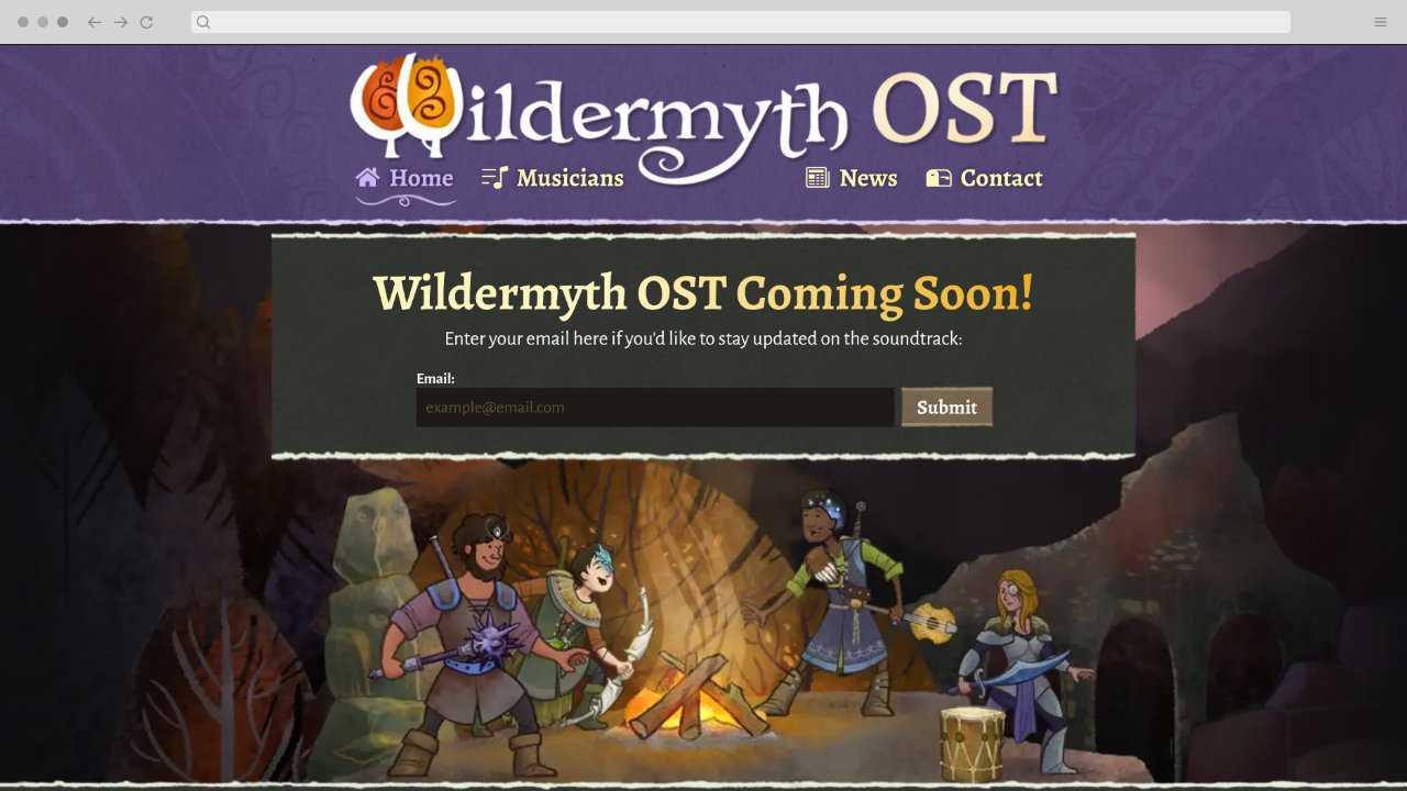 A screenshot of an earthy but brightly colored webpage highlighting the future release of the Wildermyth OST. The page prominetly features the Wildermyth logo at the top with its simple font and W embellished to look like two trees, as well as a screenshot from the game with a diverse group of adventurers gathered around a campfire enjoying some music.