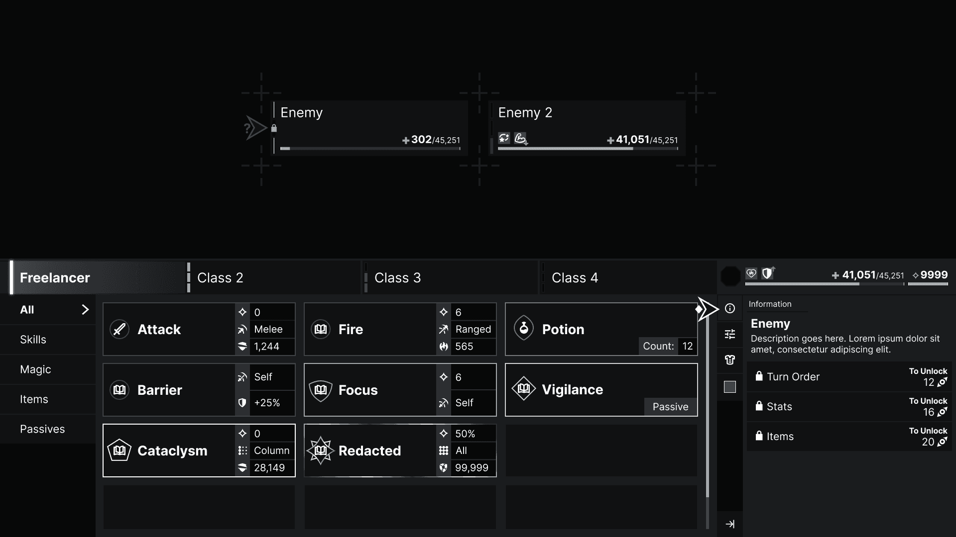 The new mock up previously shared in the intro of this article. It depicts the second frame from Fig. 3. It's presented in grayscale and depicts a variety of enemies, player abilities, and player stats in UI elements that would often be seen in an RPG.