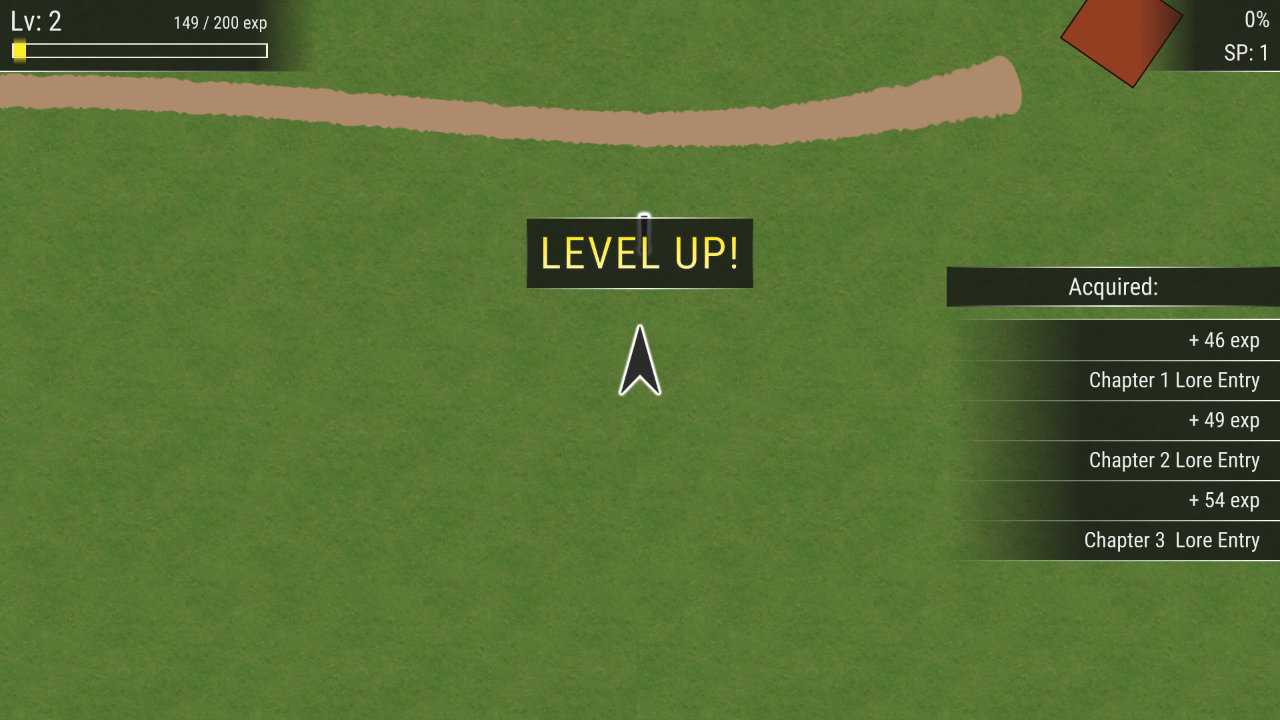 A screenshot of OWGTOWG gameplay where the the player has just leveled up on a green field. The UI in the top left display that the player is level 2 with 149/200 exp. The UI in the top right displays that they have 0% completion and 1 SP. The UI on the right side shows a list of varying (but ultimately irrelevant) experience gained.