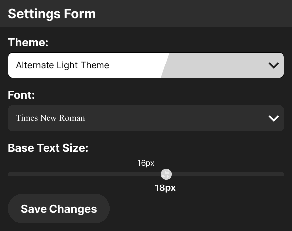 A mockup wireframe of a simple settings form with a select field for picking a color theme, another select field for fonts, and a slider field for setting a new base text size.
