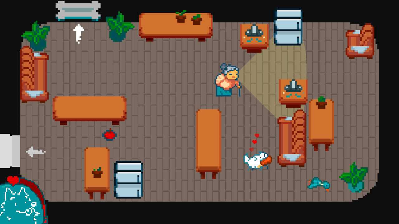 A screenshot of the game Sneaky Snacks where you play as a mischievous dog trying to get the delicious turkey leg behind the back of your owner. It's got a simple visual style using pixel art and a top-down view of a small room that the dog navigates.